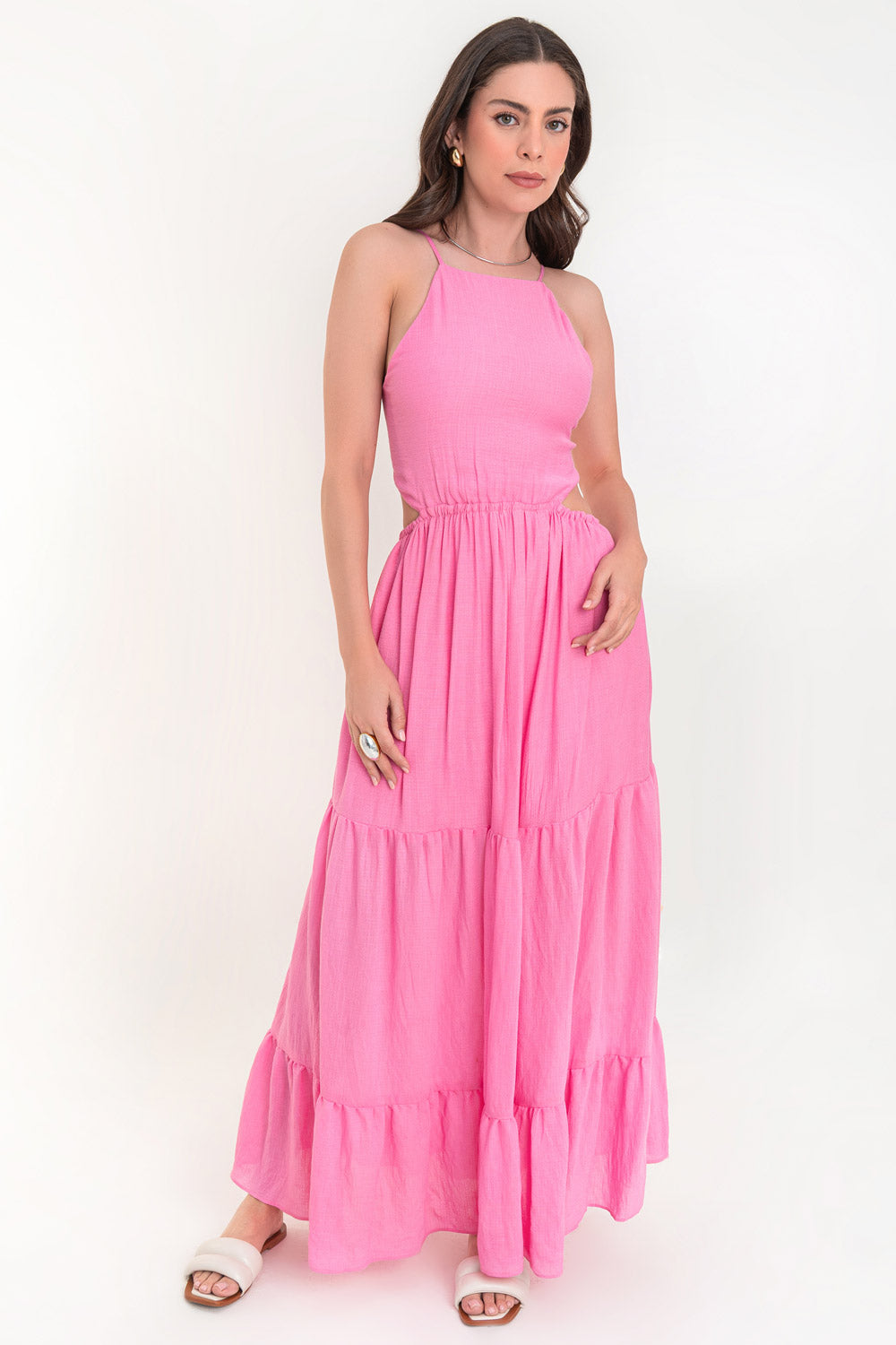 Maxi vestido halter con olanes cut out rosa – HIGHSTREET