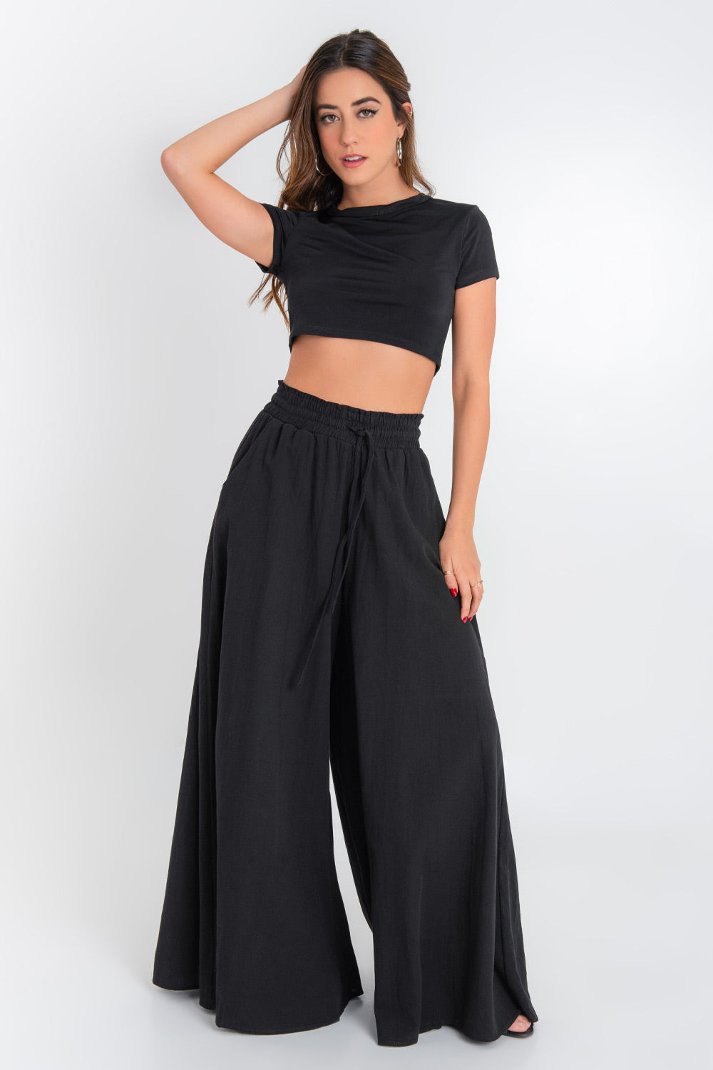 Pantalón palazzo de cintura elástica con jareta – HIGHSTREET