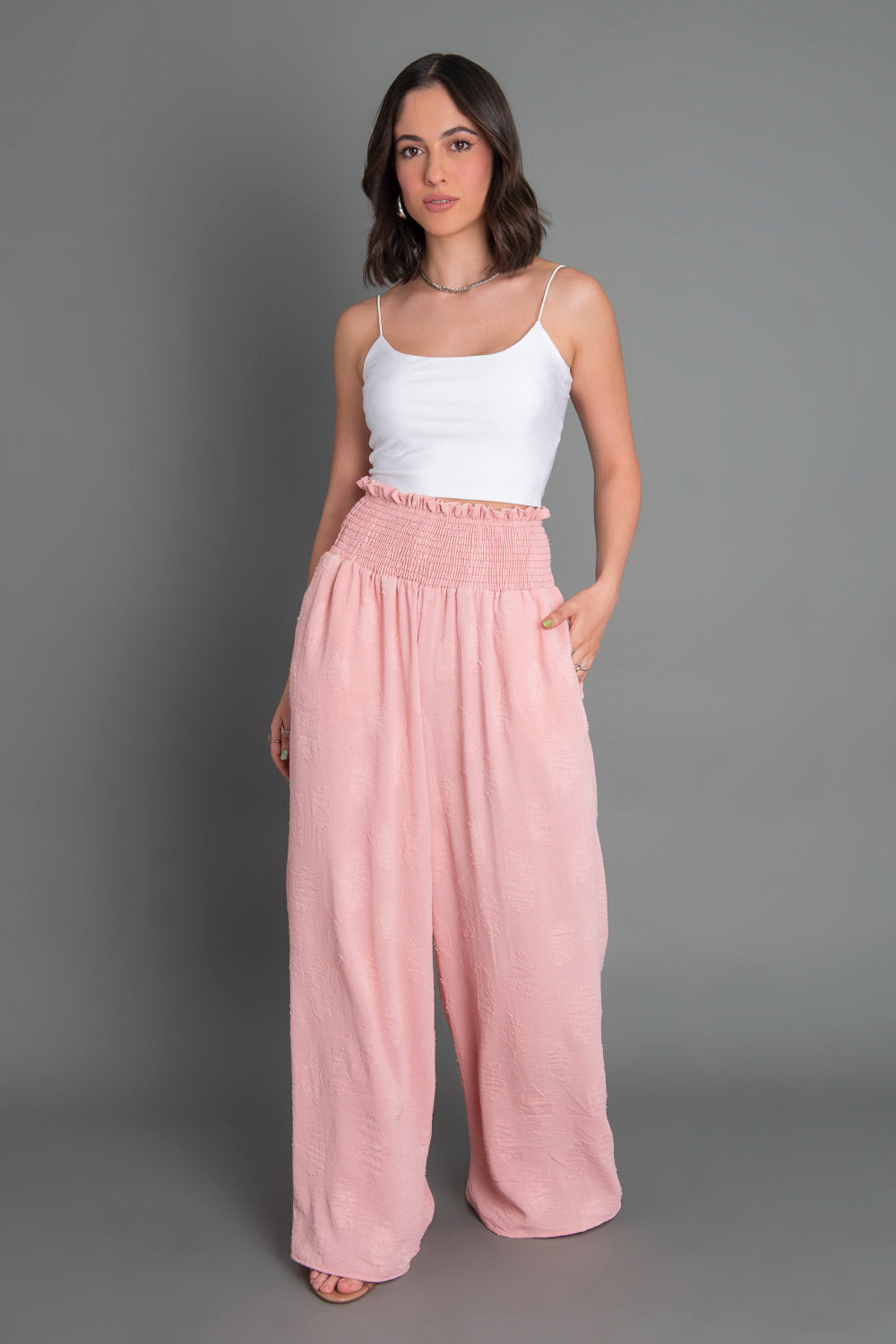 Pantalón fit wide leg de cintura alta fruncida rosa palo – HIGHSTREET