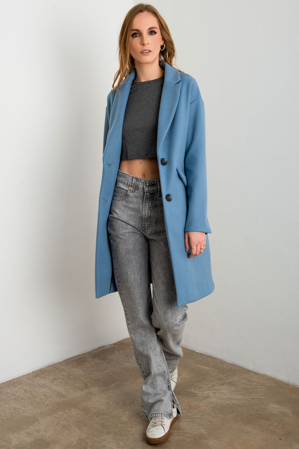 Abrigo largo con solapa botón contraste – HIGHSTREET