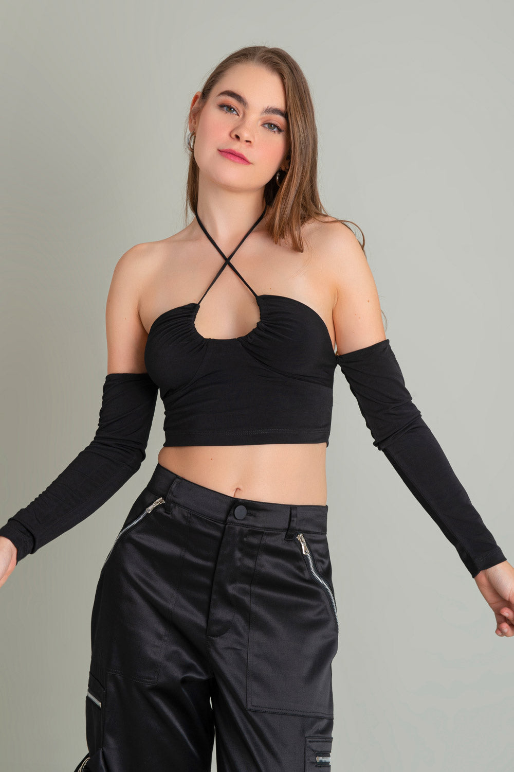 Crop Top Top Negro Cruzado Cuello Crop Tops Para Mujer VISgogo