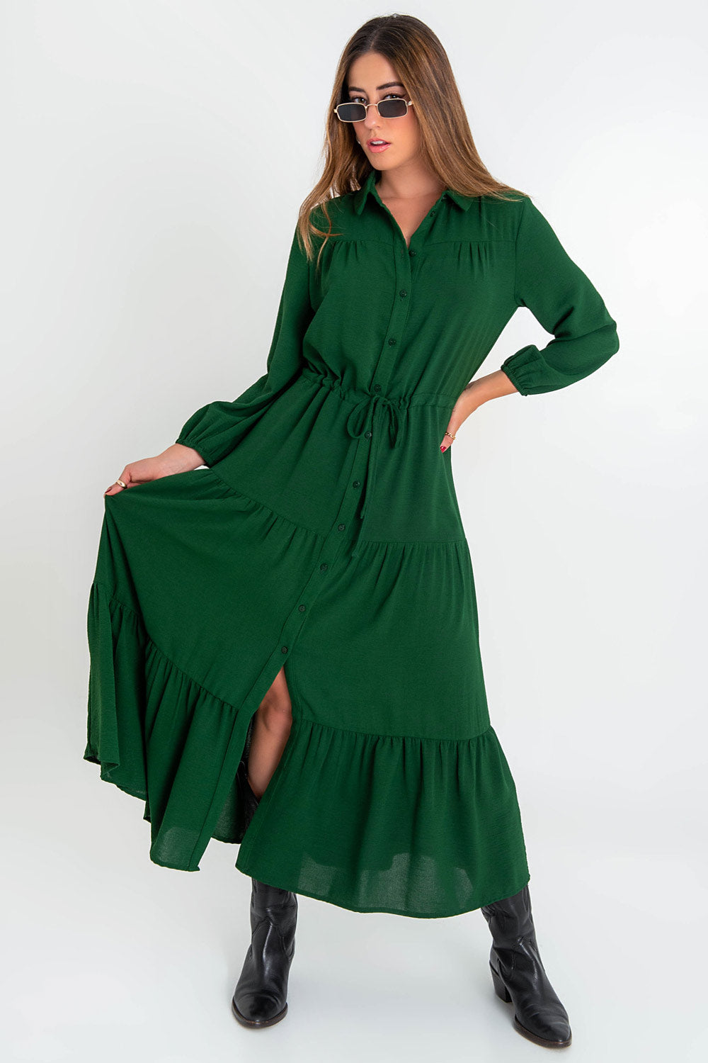 Maxi vestido camisero de manga larga verde – HIGHSTREET