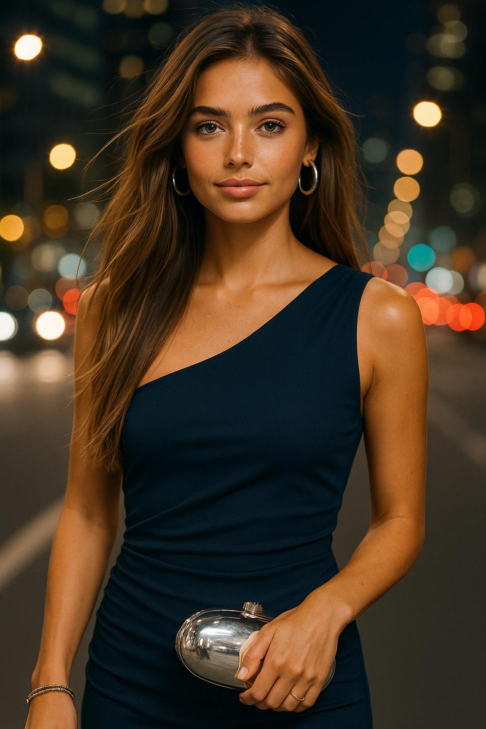 Vestido midi asimétrico de un hombro, fit ajustado, escote diagonal, sin mangas, plisado en costados, abertura lateral en bajo y cut out en espalda. Cierre posterior con cremallera oculta.