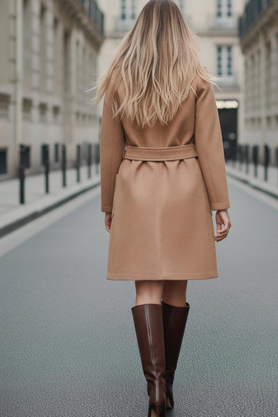 Abrigo largo de manga larga, con solapa, bolsillos delanteros de parche, trabillas y cinturón amarrable del mismo tejido.