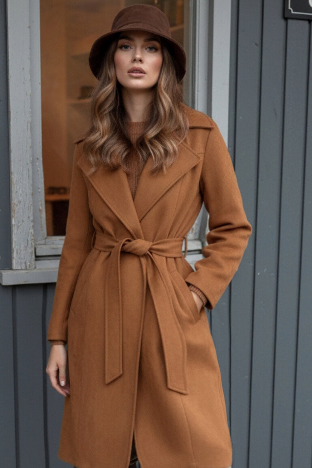 Abrigo abierto de gamuza, corte en a, con solapa y hombreras, manga larga, bolsillos delanteros ocultos, trabillas y cinturón amarrable del mismo tejido.