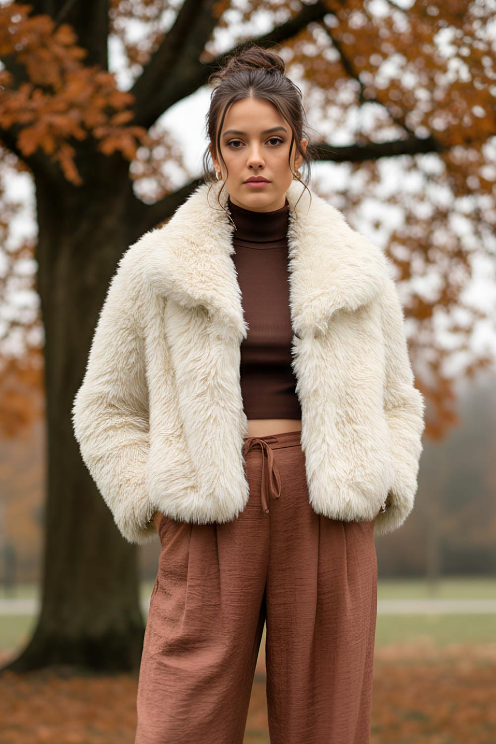 Abrigo corto de efecto pelo, fit oversized, con solapa y manga larga.