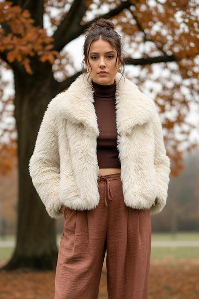 Abrigo corto de efecto pelo, fit oversized, con solapa y manga larga.