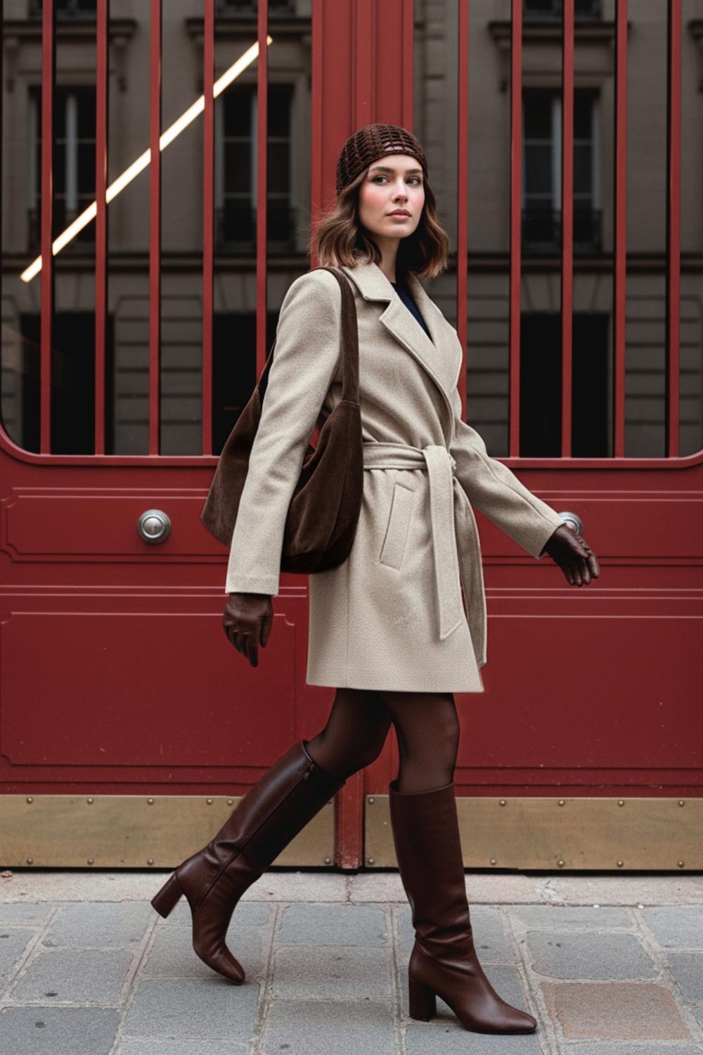 Abrigo de fit recto, con solapa, manga larga, bolsillos frontales con vivos, trabillas y cinturón amarrable del mismo tejido.