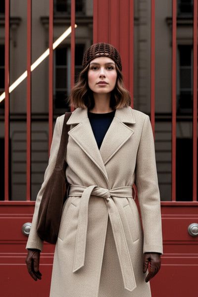 Abrigo de fit recto, con solapa, manga larga, bolsillos frontales con vivos, trabillas y cinturón amarrable del mismo tejido.