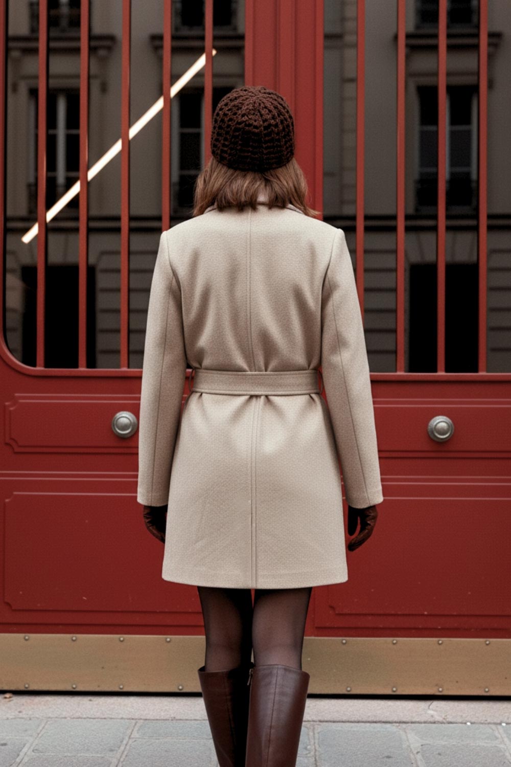 Abrigo de fit recto, con solapa, manga larga, bolsillos frontales con vivos, trabillas y cinturón amarrable del mismo tejido.