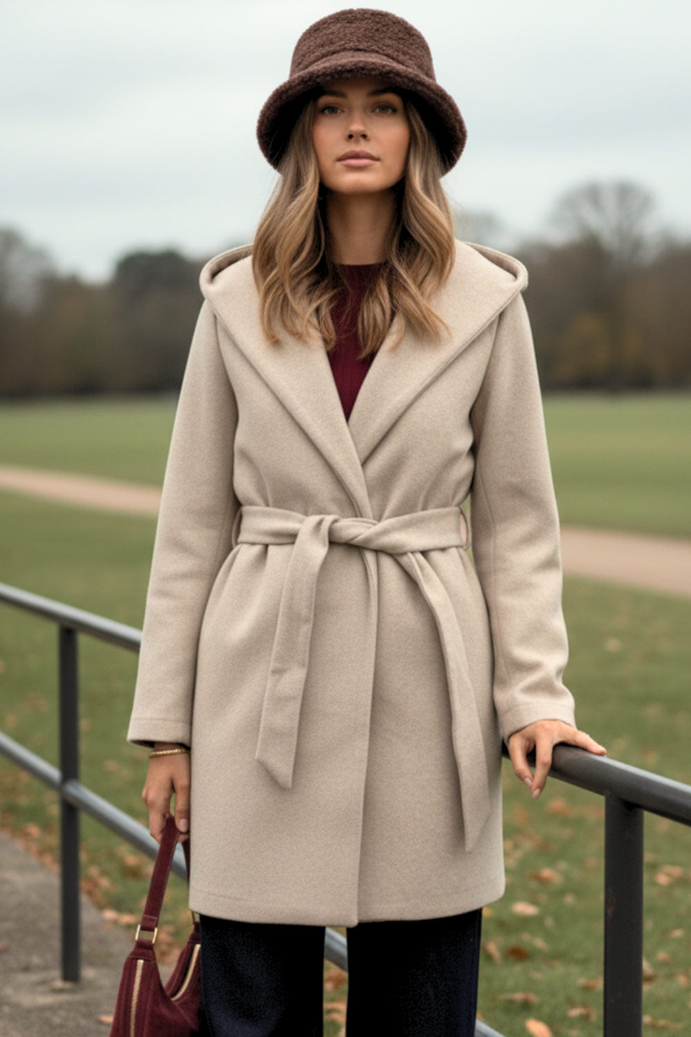 Abrigo de fit recto con capucha, manga larga y bolsillos delanteros. Detalle de trabillas y cinturón amarrable del mismo tejido.