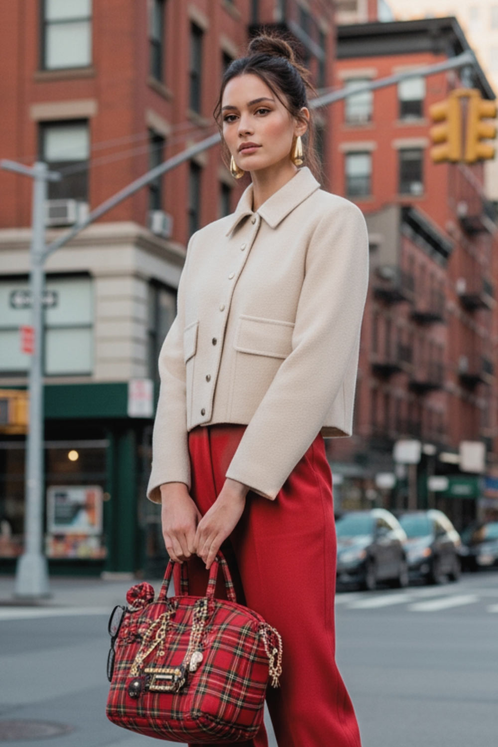 Abrigo corto de fit recto, manga larga, cuello solapa, bolsillos delanteros de parche con cartera y cierre frontal con hilera de botones en contraste.