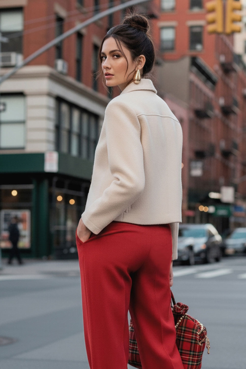 Abrigo corto de fit recto, manga larga, cuello solapa, bolsillos delanteros de parche con cartera y cierre frontal con hilera de botones en contraste.