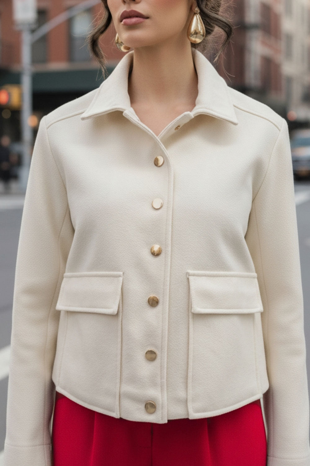 Abrigo corto de fit recto, manga larga, cuello solapa, bolsillos delanteros de parche con cartera y cierre frontal con hilera de botones en contraste.