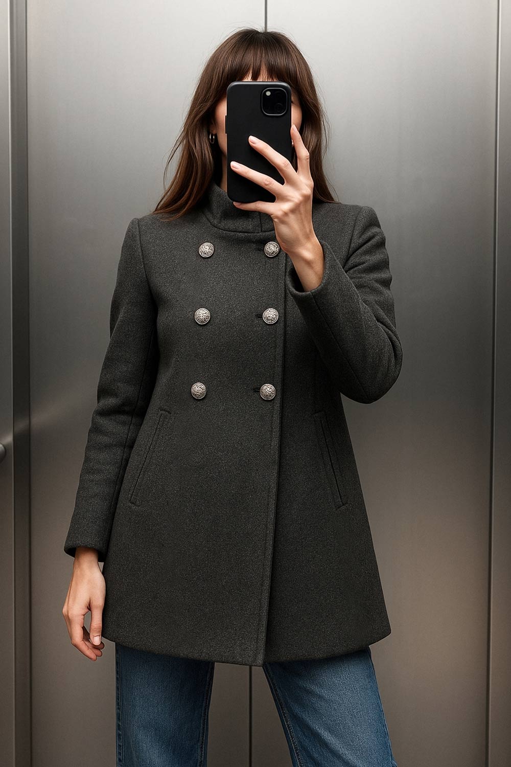 Abrigo cruzado de cuello alto, bolsillos delanteros y manga larga. Cierre frontal con doble cruce de botones en contraste.
