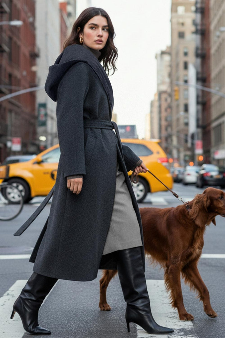 Abrigo largo con cinturón capucha negro – HIGHSTREET