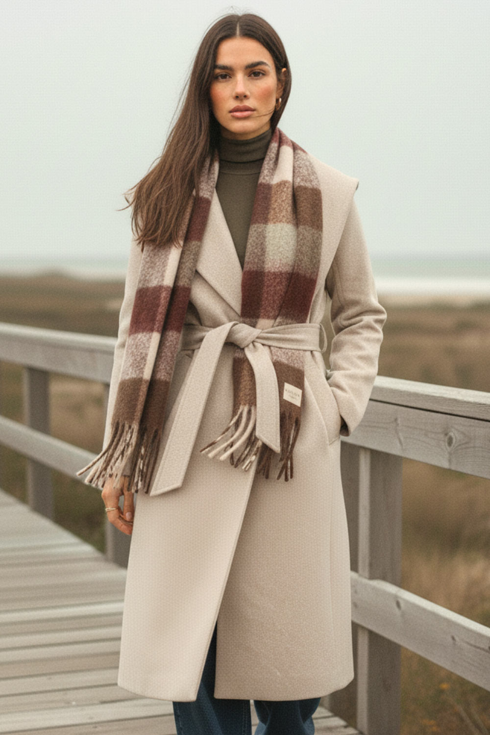 Abrigo largo de fit recto con capucha, manga larga y bolsillos delanteros. Detalle de trabillas y cinturón amarrable del mismo tejido.