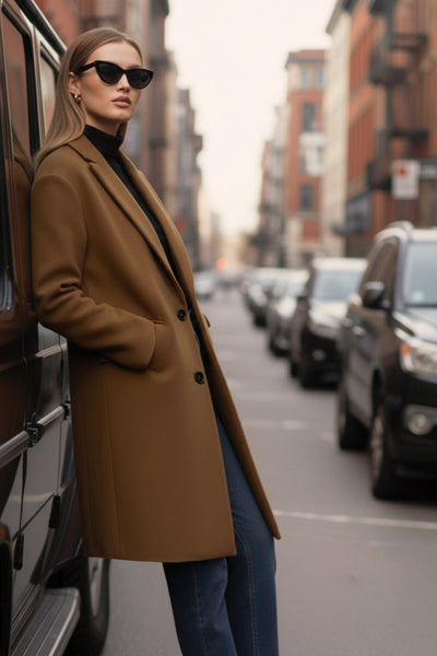 Abrigo largo de fit recto, con solapa, manga larga y bolsillos frontales con cartera. Cierre frontal con botón en contraste y detalle de abertura posterior.