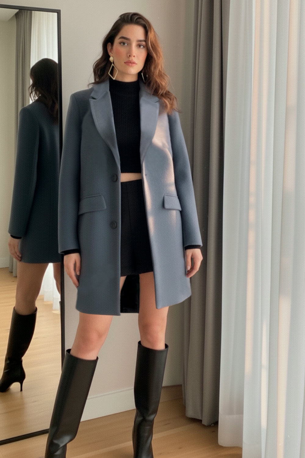 Abrigo largo de fit recto, con solapa, manga larga y bolsillos frontales con cartera. Cierre frontal con botón en contraste y detalle de abertura posterior.