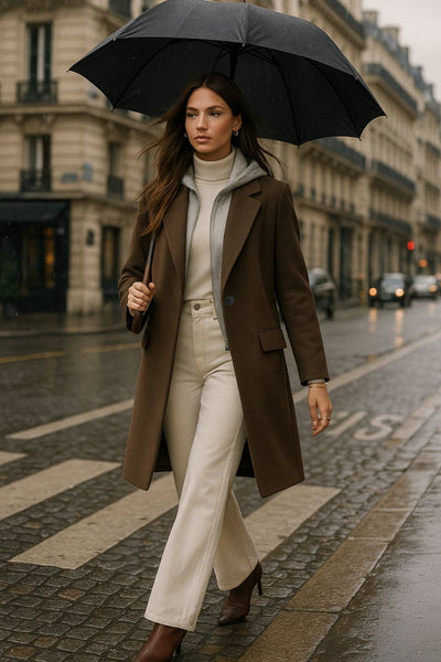 Abrigo largo con capucha combinada, manga larga, con solapa y hombreras, bolsillos delanteros con carteras, detalle frontal y capucha en contraste. Cierre frontal con cremallera y botón.