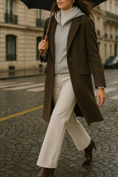 Abrigo largo con capucha combinada, manga larga, con solapa y hombreras, bolsillos delanteros con carteras, detalle frontal y capucha en contraste. Cierre frontal con cremallera y botón.