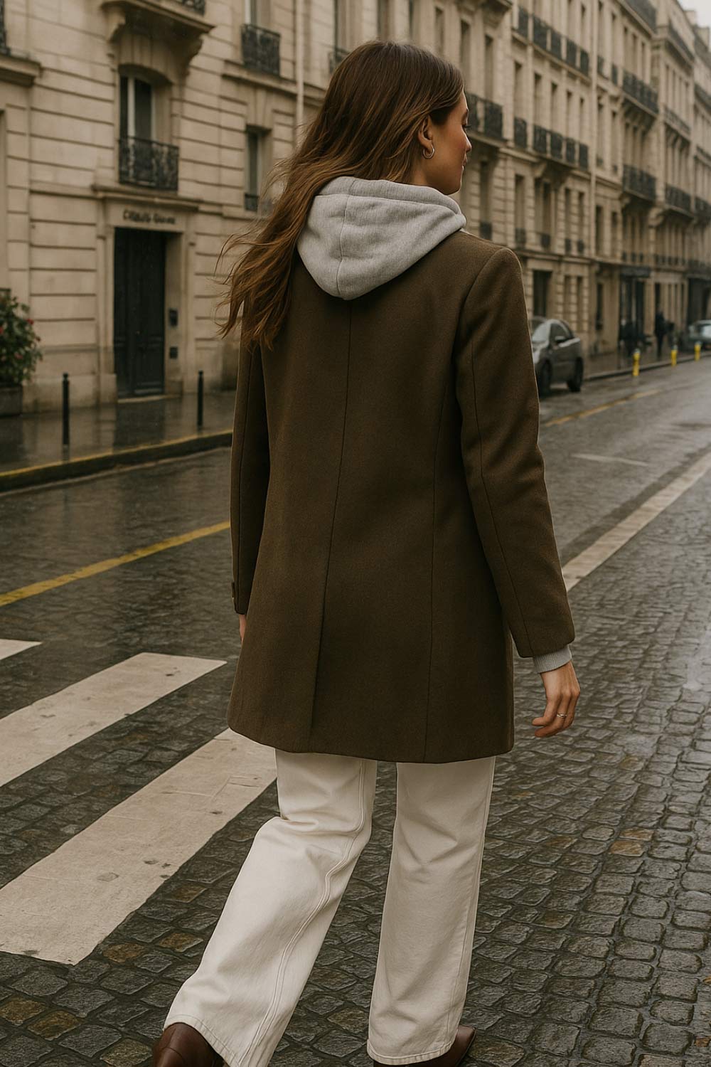 Abrigo largo con capucha combinada, manga larga, con solapa y hombreras, bolsillos delanteros con carteras, detalle frontal y capucha en contraste. Cierre frontal con cremallera y botón.