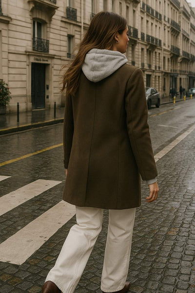 Abrigo largo con capucha combinada, manga larga, con solapa y hombreras, bolsillos delanteros con carteras, detalle frontal y capucha en contraste. Cierre frontal con cremallera y botón.