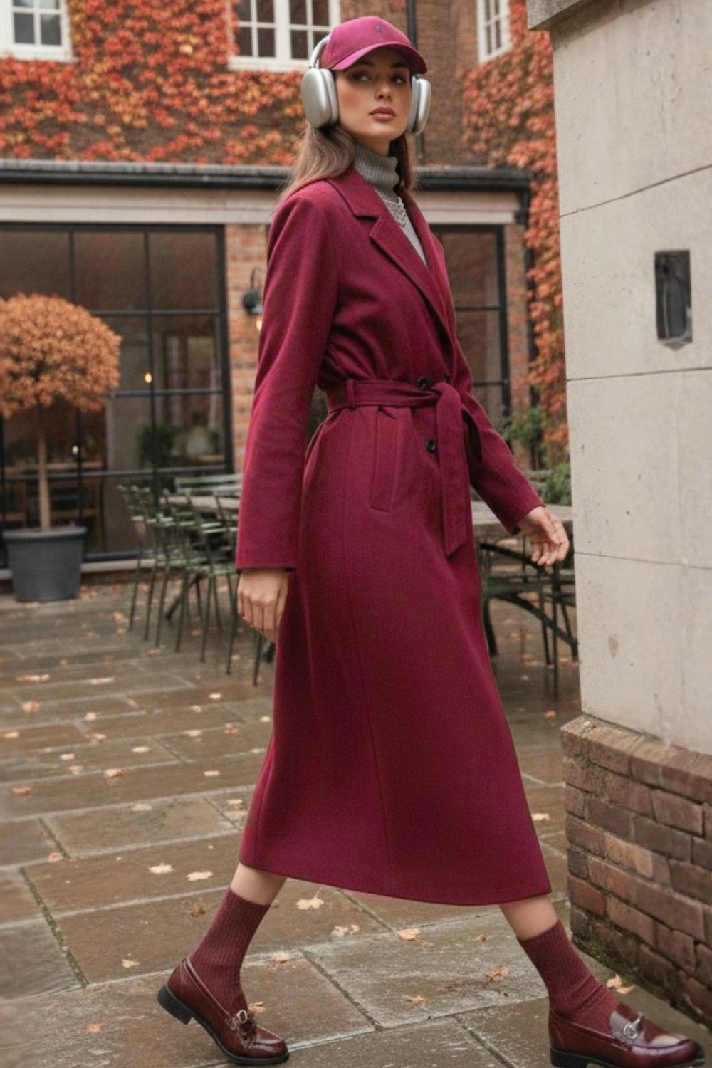 Abrigo largo de fit recto con solapa, manga larga con puños abotonados y bolsillos delanteros con vivos. Cierre frontal con doble cruce de botones. Detalle de abetura posterior en bajo, trabillas y cinturón amarrable del mismo tejido.