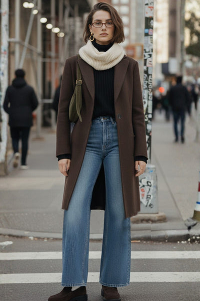 Abrigo largo de fit recto, con solapa, manga larga y cierre frontal con cruce de botón en contraste.