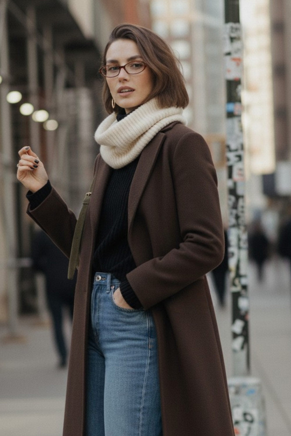 Abrigo largo de fit recto, con solapa, manga larga y cierre frontal con cruce de botón en contraste.