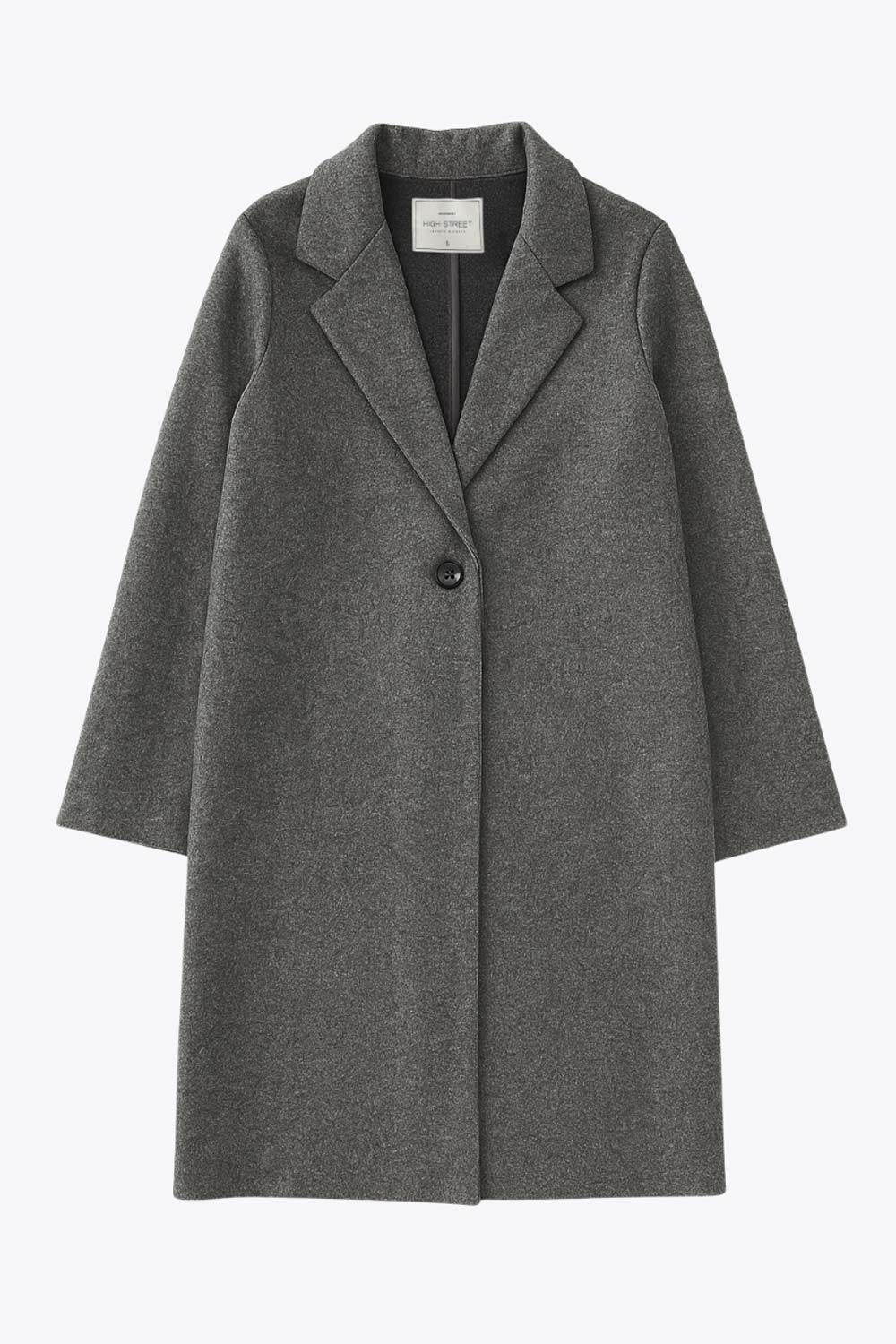 Abrigo largo de fit recto, con solapa, manga larga y cierre frontal con cruce de botón en contraste.