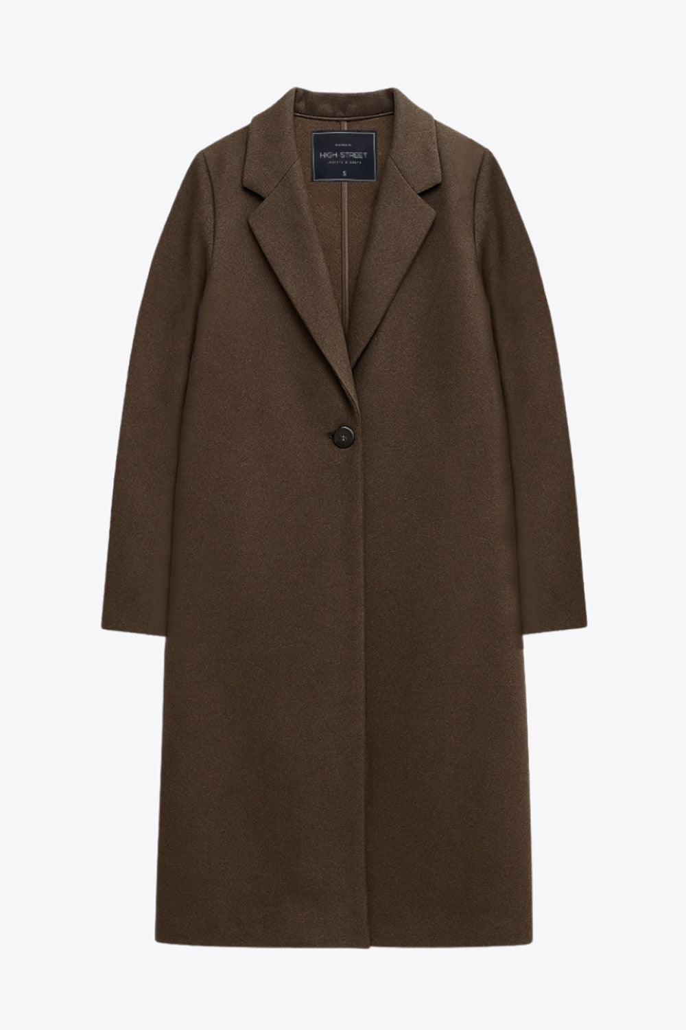 Abrigo largo de fit recto, con solapa, manga larga y cierre frontal con cruce de botón en contraste.