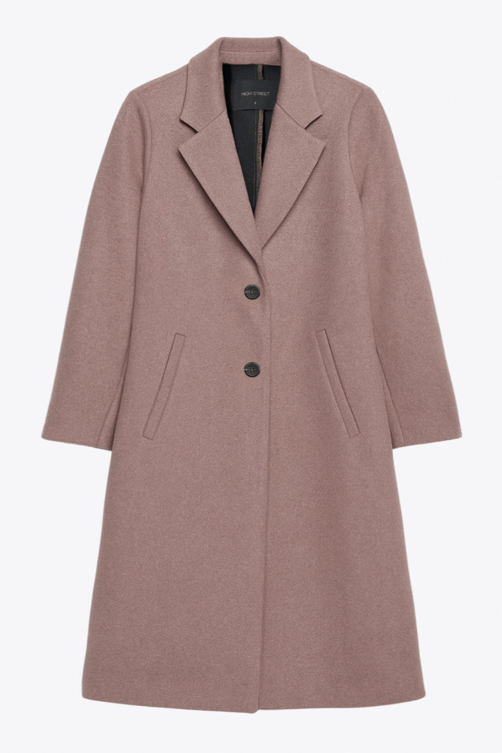 Abrigo largo de fit recto, manga larga, con solapa, bolsillos con vivos delanteros. Cierre frontal con cruce de botones en contraste.
