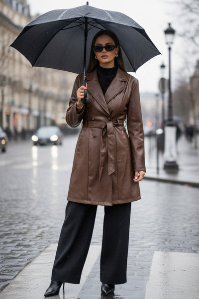 Abrigo trench de efecto piel, fit recto, con solapa, bolsillos delanteros con vivos, detalle de bata delantera y manga larga. Trabillas, cinturón amarrable del mismo tejido y cierre frontal con doble cruce de botón.