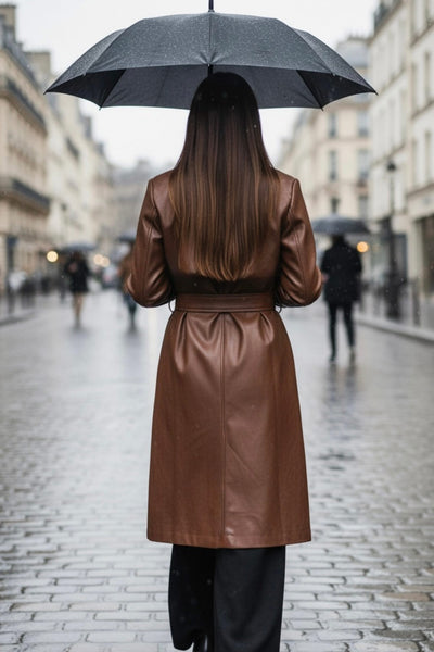 Abrigo trench de efecto piel, fit recto, con solapa, bolsillos delanteros con vivos, detalle de bata delantera y manga larga. Trabillas, cinturón amarrable del mismo tejido y cierre frontal con doble cruce de botón.