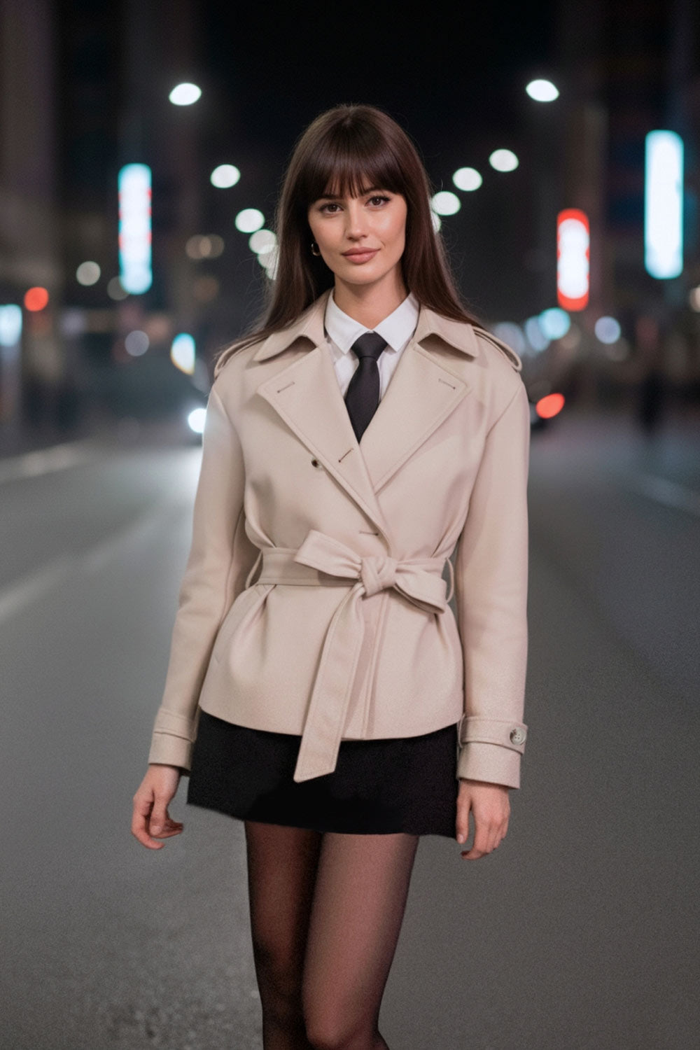 Abrigo trench corto de fit recto, cuello solapa, manga larga, trabillas con botón en puños y hombros. Bolsillos delanteros con vivos, trabillas y cinturón amarrable del mismo tejido. Cierre frontal con doble cruce de botones en contraste.