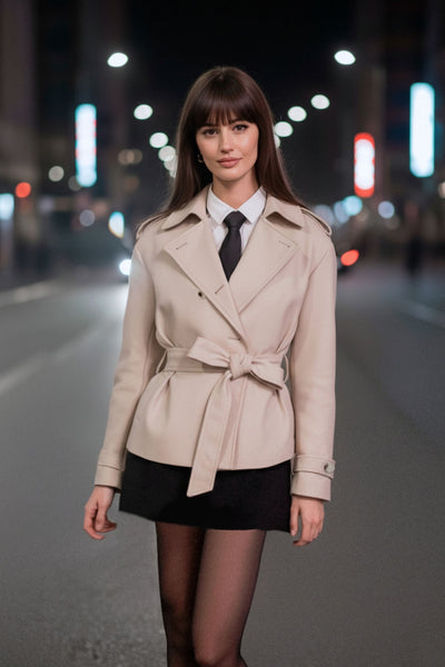 Abrigo trench corto de fit recto, cuello solapa, manga larga, trabillas con botón en puños y hombros. Bolsillos delanteros con vivos, trabillas y cinturón amarrable del mismo tejido. Cierre frontal con doble cruce de botones en contraste.