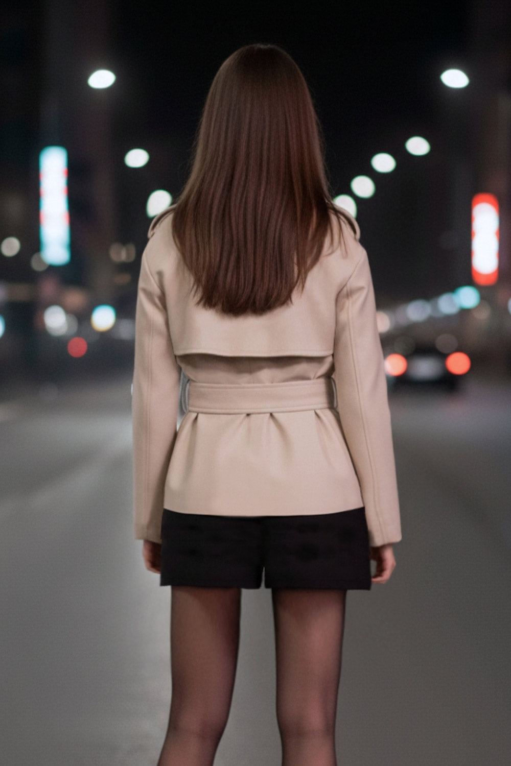 Abrigo trench corto de fit recto, cuello solapa, manga larga, trabillas con botón en puños y hombros. Bolsillos delanteros con vivos, trabillas y cinturón amarrable del mismo tejido. Cierre frontal con doble cruce de botones en contraste.