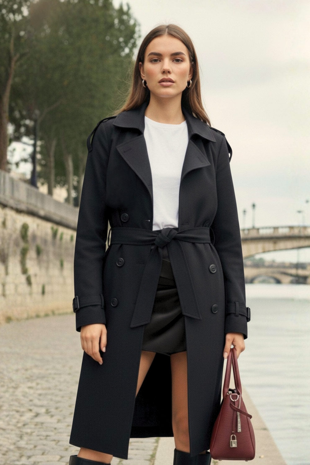 Abrigo trench corto de fit recto, con solapa, bolsillos delanteros con vivos, detalle de bata trasera y manga larga. Trabillas, cinturón amarrable del mismo tejido y cierre frontal con doble cruce de botones en contraste. Detalle de trabilla y botón en hombros, bata trasera y puños.