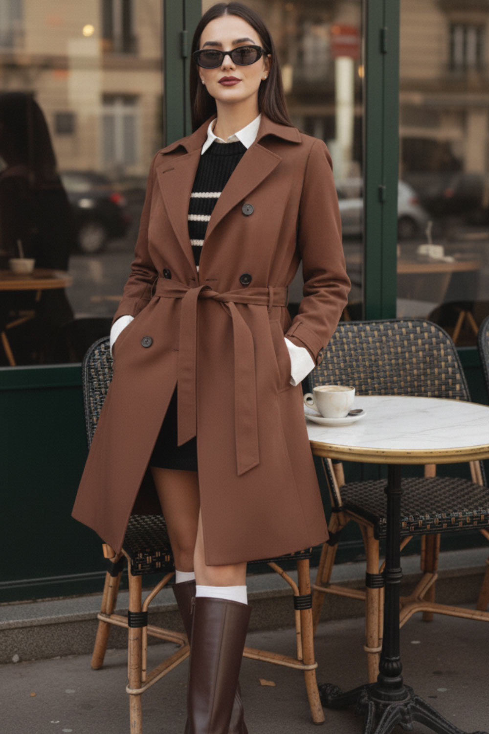 Abrigo trench corto de fit recto, con cuello solapa, bolsillos delanteros con vivos, detalle de bata trasera y manga larga. Trabillas, cinturón amarrable del mismo tejido y cierre frontal con doble cruce de botones en contraste. Detalle de trabilla y botón en hombros, bata trasera, cuello y puños.