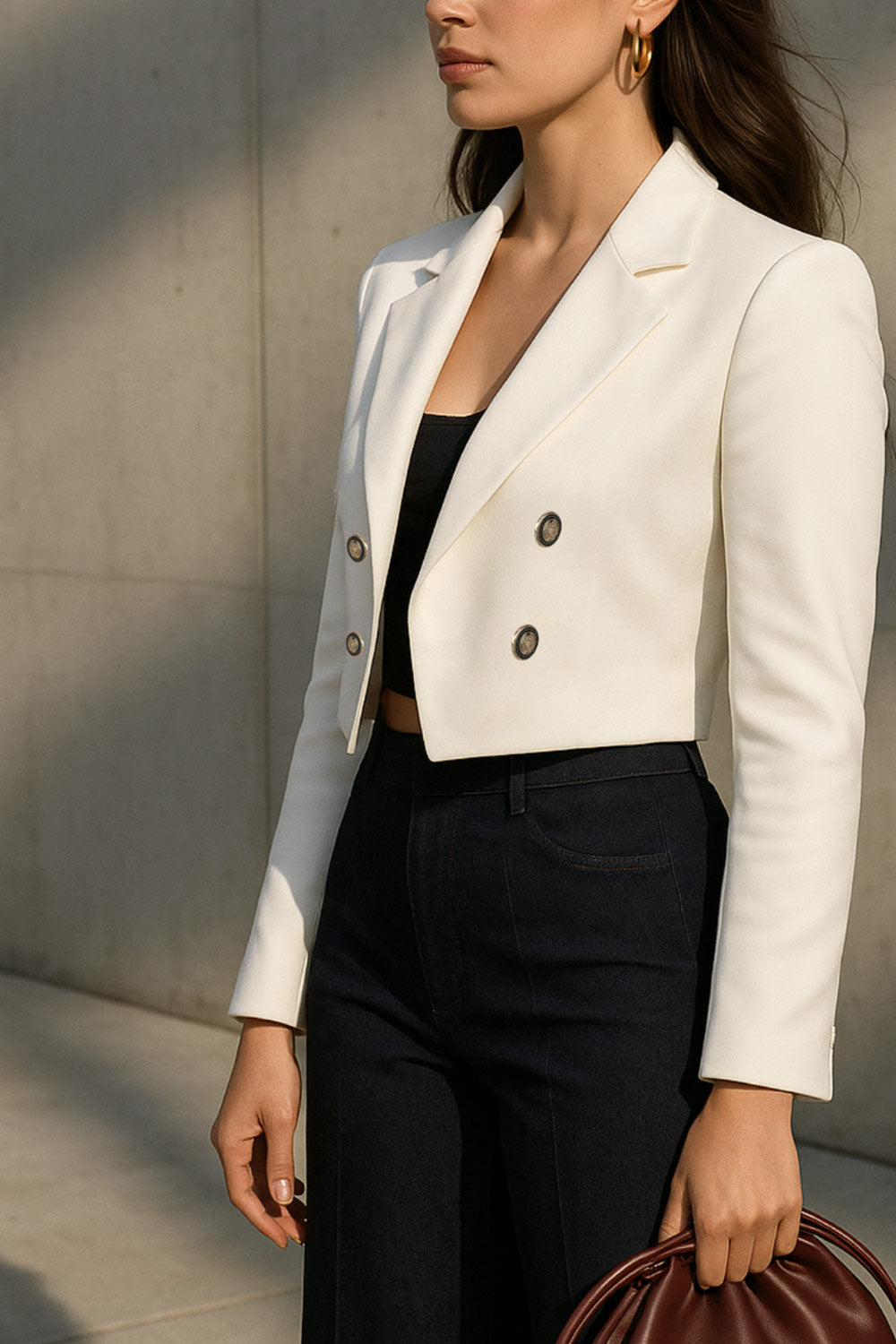 Blazer corto abierto, de fit recto, con solapa y hombreras, manga larga y detalle frontal de botones decorativos en contraste.