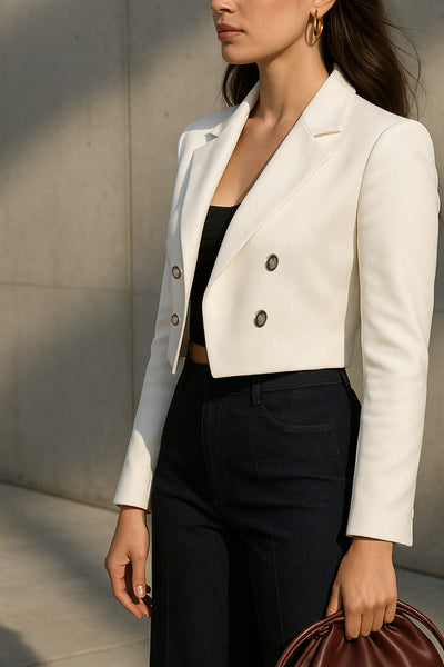 Blazer corto abierto, de fit recto, con solapa y hombreras, manga larga y detalle frontal de botones decorativos en contraste.