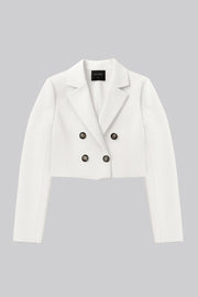 Blazer corto abierto, de fit recto, con solapa y hombreras, manga larga y detalle frontal de botones decorativos en contraste.