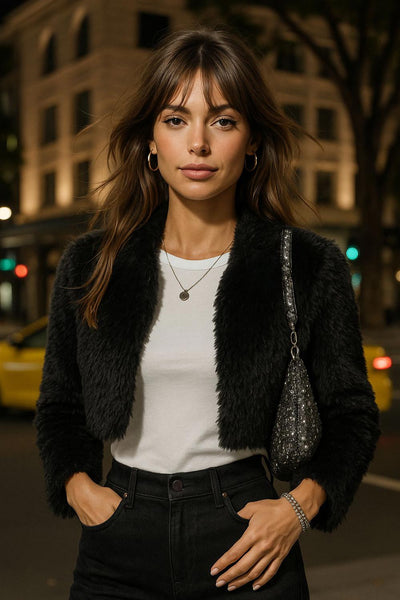 Blazer corto abierto de efecto pelo, fit recto, sin solapa, manga larga y bajo curveado frontal.