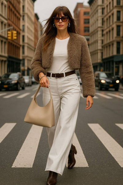 Blazer corto abierto de efecto pelo, fit recto, sin solapa, manga larga y bajo curveado frontal.