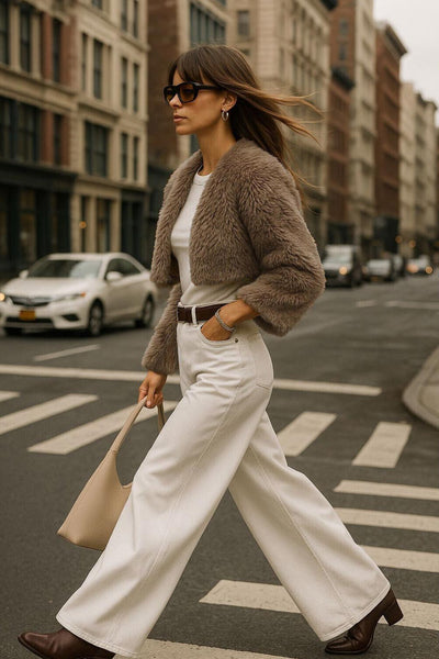 Blazer corto abierto de efecto pelo, fit recto, sin solapa, manga larga y bajo curveado frontal.