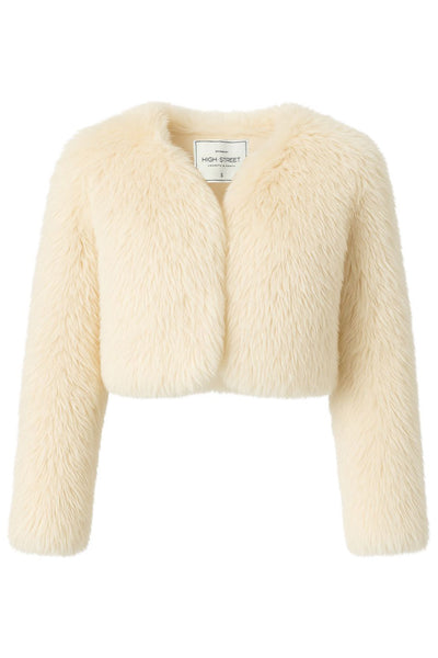 Blazer corto abierto de efecto pelo, fit recto, sin solapa, manga larga y bajo curveado frontal.