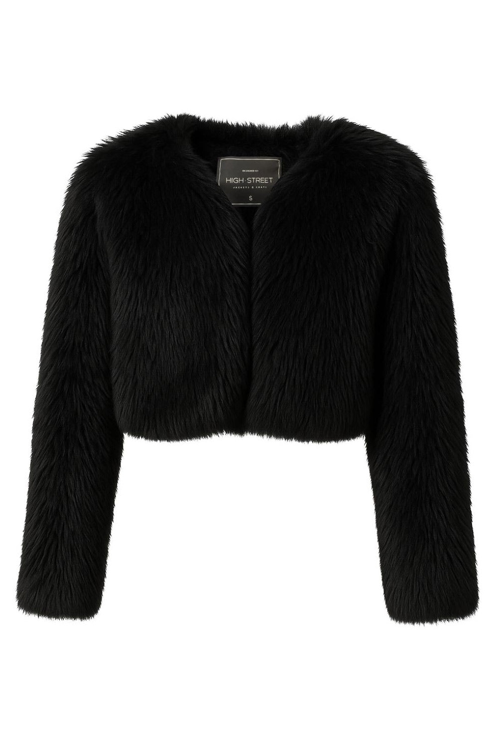 Blazer corto abierto de efecto pelo, fit recto, sin solapa, manga larga y bajo curveado frontal.