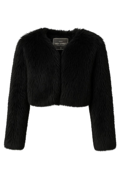 Blazer corto abierto de efecto pelo, fit recto, sin solapa, manga larga y bajo curveado frontal.