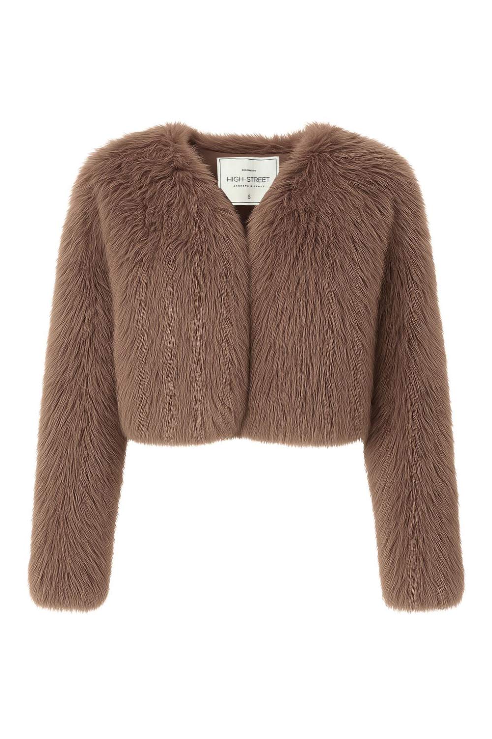 Blazer corto abierto de efecto pelo, fit recto, sin solapa, manga larga y bajo curveado frontal.